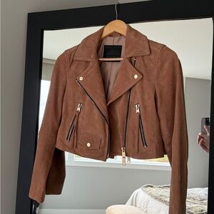 All Saints Brown Leather Biker Jacket with Cropped Design and Notched Lapel